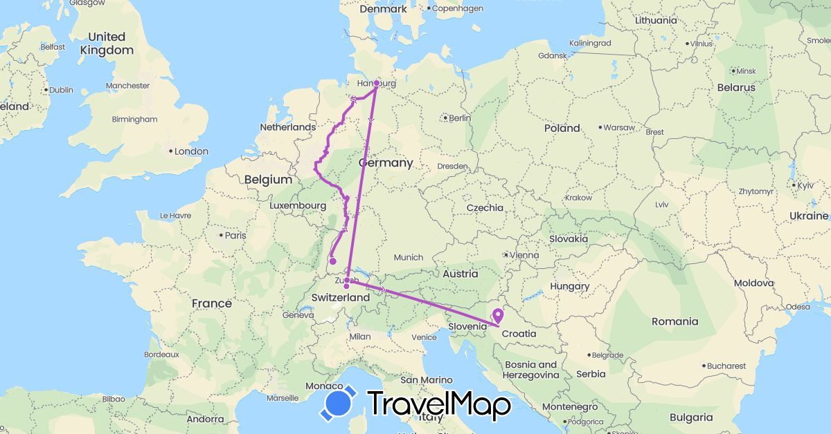 TravelMap itinerary: train in Switzerland, Germany, Croatia (Europe)