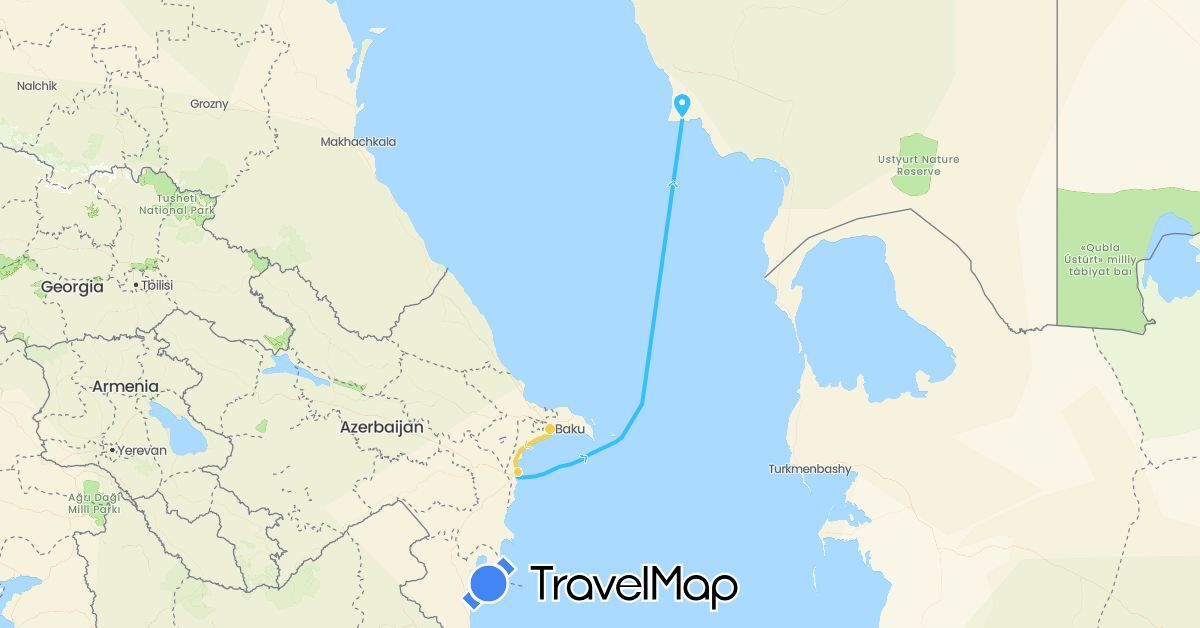 TravelMap itinerary: driving, boat, taxi in Azerbaijan, Kazakhstan (Asia)