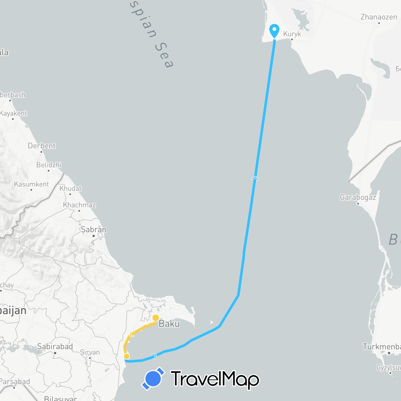 TravelMap itinerary: driving, boat, taxi in Azerbaijan, Kazakhstan (Asia)